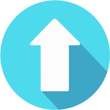 Gölgeli mavi daire simgesi Beyaz ok yukarı. Beyaz izole. Simge yüklemek. Yükseltme işareti. Kuzey işaret eden oku