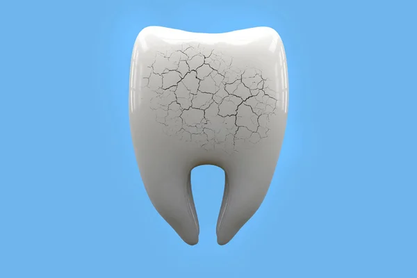 Dolor de muelas, concepto de cuidado dental. Dientes malsanos, agrietados y rotos sobre fondo azul 3d renderizado —  Fotos de Stock