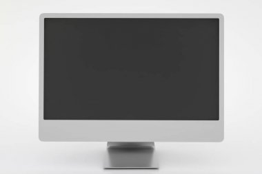 Monoblok bilgisayar. Beyaz arka planda izole edilmiş boş siyah ekran ile monoblok çerçeve monitörü. 3B işleme