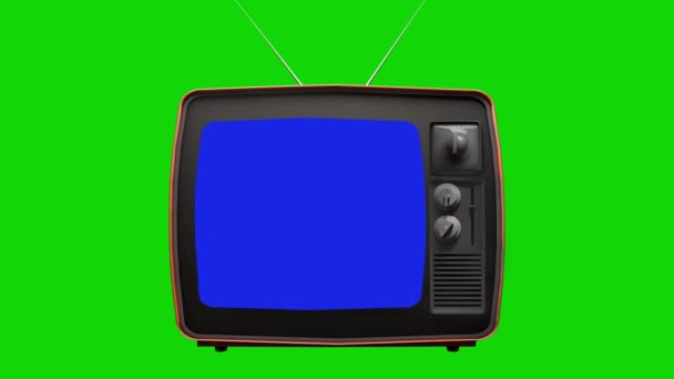 TV antiga, fundo verde com tela azul. Pronto para substituir cada tela de cores por qualquer imagem ou imagem que você deseja. Você pode fazê-lo com Keying Chroma Key efeito — Vídeo de Stock