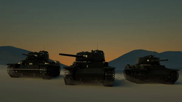 Gün Batımında Çöl Manzarasında Hareket Eden Ağır Askeri Tanklar Grubu. 3d Rendering — Stok fotoğraf