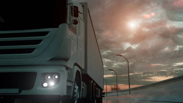 Truck versnellen op de snelweg, laag-hoek schot. Vervoer, scheepvaartindustrie concept. 3D-illustratie — Stockfoto