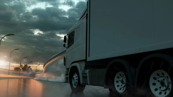 Vrachtwagen snelheid op de snelweg, zijaanzicht. Transport, scheepvaart industrie concept. 3D illustratie — Stockfoto