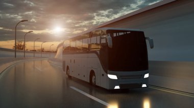 Tourist white bus driving on a highway at sunset backlit by a bright orange sunburst under an ominous cloudy sky. 3d Rendering clipart