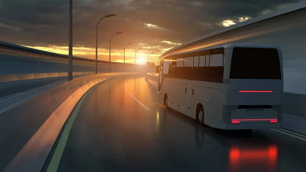 Tourist white bus driving on a highway at sunset backlit by a bright orange sunburst under an ominous cloudy sky. 3d Rendering