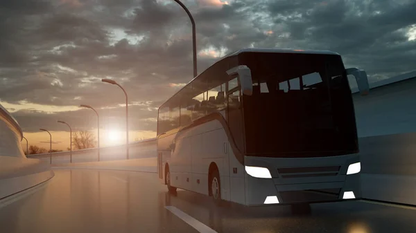 Tourist white bus driving on a highway at sunset backlit by a bright orange sunburst under an ominous cloudy sky. 3d Rendering