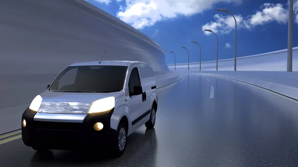 Un furgone bianco in autostrada. Concetto di trasporto e logistica. Illustrazione 3D — Foto Stock