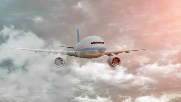 Avião entre nuvens. O avião está voando em nuvens cumulus, vista frontal. ilustração 3d — Fotografia de Stock