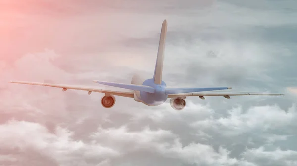 3D візуалізація комерційного літака на польоті над хмарами — стокове фото