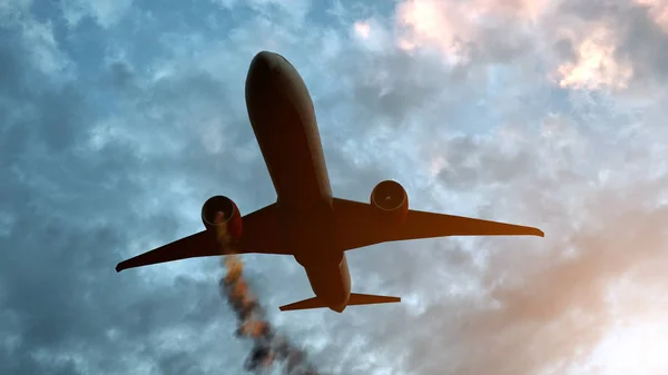 Avión volador con motor aerodinámico explosivo justo antes del accidente aéreo. Ilustración 3D —  Fotos de Stock