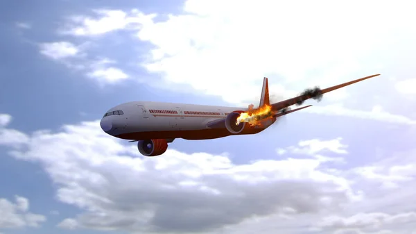 Комерційний літак з двигуном під вогонь, концепція повітряної катастрофи. 3D ілюстрація — стокове фото