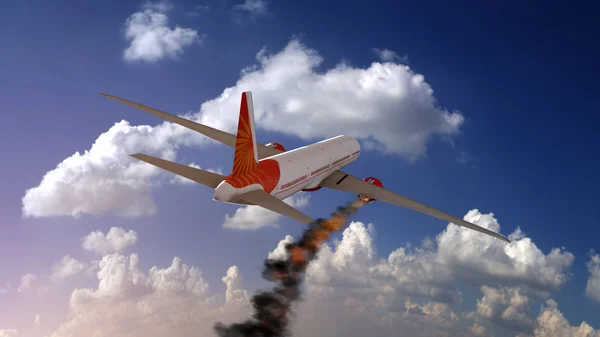 Burning white aircraft in the sky before crashing down. 3D illustration — Stock Photo, Image