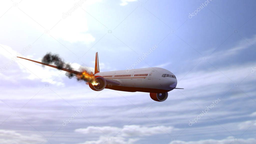 Commercial airplane with engine on fire, concept of aerial disaster. 3D illustration