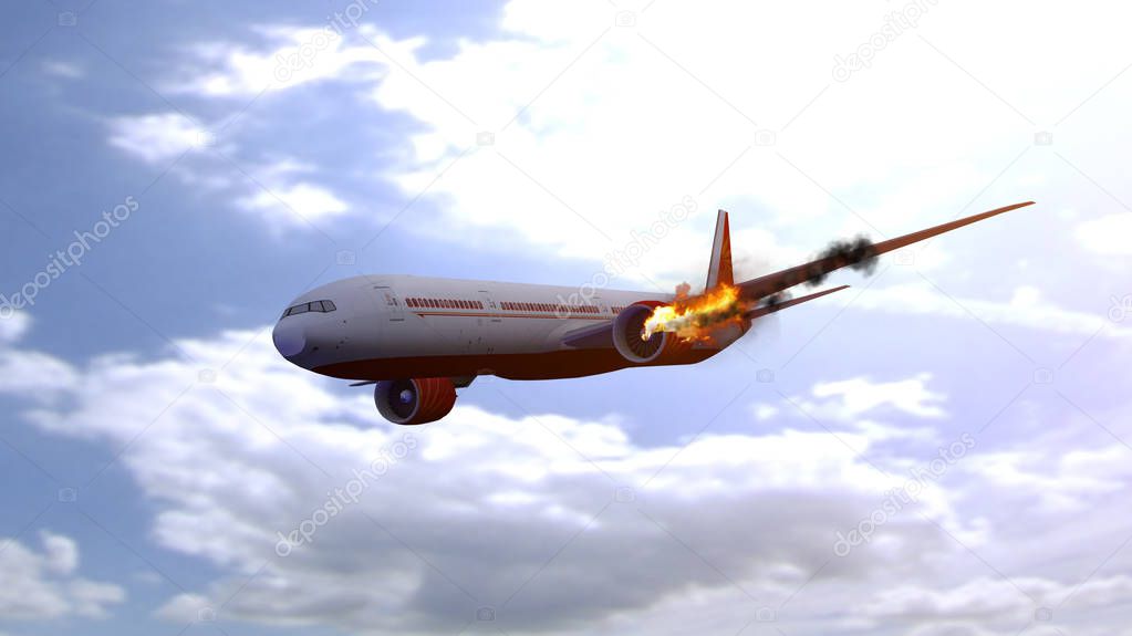 Commercial airplane with engine on fire, concept of aerial disaster. 3D illustration