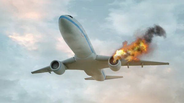 Aereo commerciale con motore in fiamme, concetto di disastro aereo. Illustrazione 3D — Foto Stock