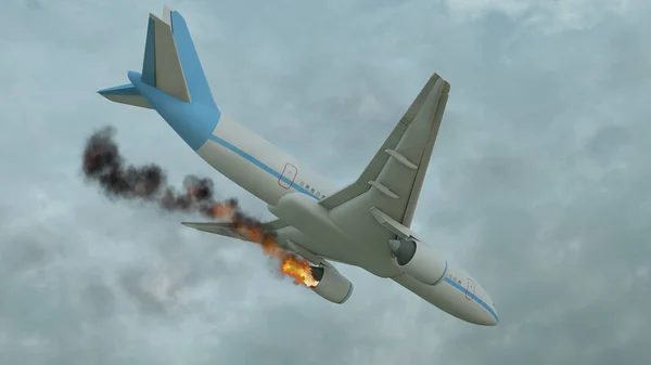 在坠毁之前，在天空中燃烧着白色的飞机。3d 插图 — 图库照片