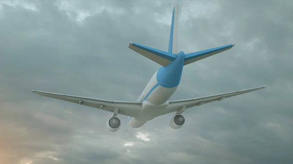 日没の光の中で雲の上を飛ぶ民間航空機の3Dレンダリング。高速旅行、休日、ビジネスの概念 — ストック写真