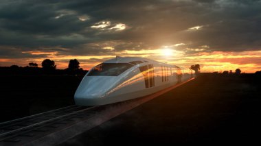 Gün batımında elektrikli yolcu treni uğursuz bulutlu bir gökyüzü altında parlak turuncu bir güneş patlaması ile arkadan aydınlatmalı. 3d Rendering