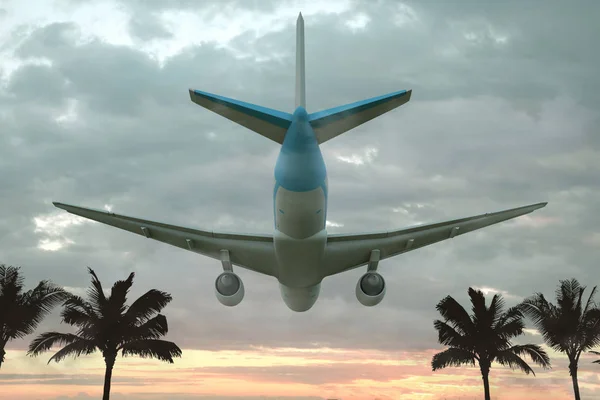 ヤシの木と熱帯の土地の上に日没時に飛ぶ飛行機。3Dイラスト — ストック写真