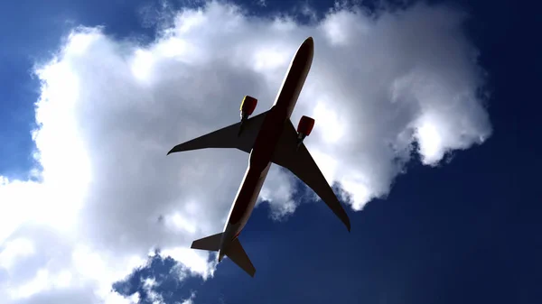 Avión comercial contra el cielo azul, vista desde el suelo. renderizado 3d . —  Fotos de Stock