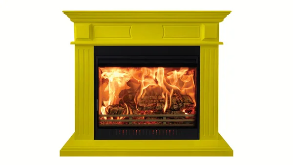 Amarelo colorido queimando lareira clássica isolada no fundo branco — Fotografia de Stock