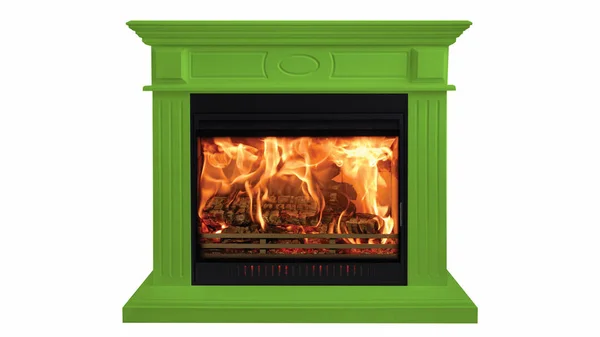 Verde colorido queimando lareira clássica isolado no fundo branco — Fotografia de Stock