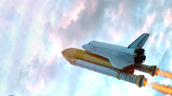Rymdfärjan flyger över molnen. 3D-illustration — Stockfoto