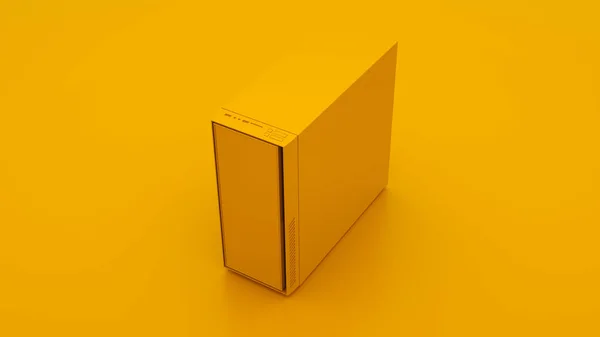 컴퓨터의 노란색 케이스입니다. 최소한의 아이디어 개념. 3D 일러스트레이션 — 스톡 사진