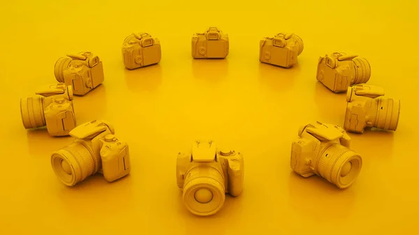 Câmeras DSLR amarelas. Ilustração 3D — Fotografia de Stock