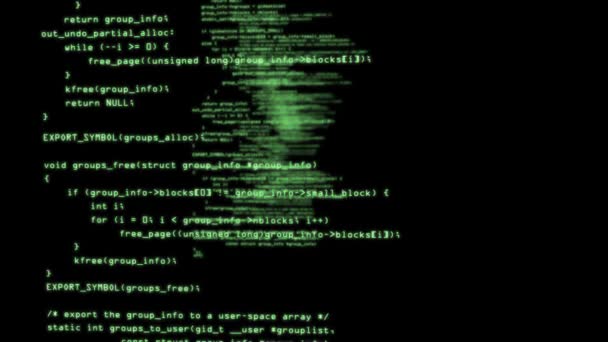 De camera beweegt door stukjes softwarebron code. Computer programmacode in virtuele ruimte — Stockvideo