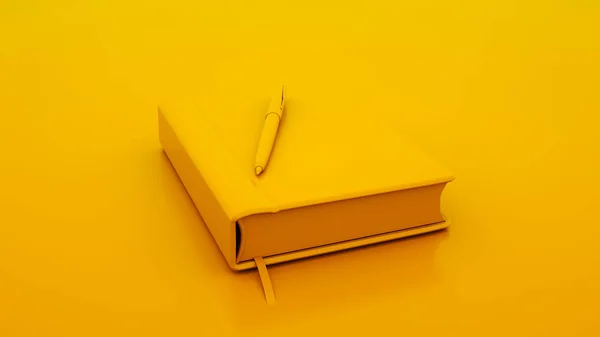 Yellow Notebook en pen geïsoleerd op gele achtergrond. 3d illustratie — Stockfoto