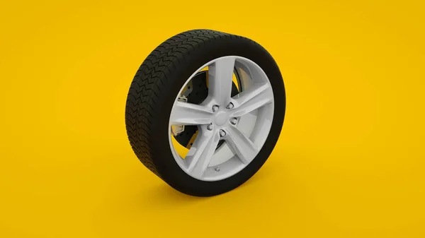 Roda do carro isolada no fundo amarelo. Rodas de liga pneu auto. Conceito criativo minimalista. ilustração 3d — Fotografia de Stock