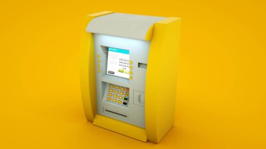 Sarı zemin üzerinde izole ATM Cash Machine - 3d Görüntü