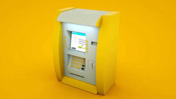 ATM Bank Cash Machine Geïsoleerd op gele achtergrond - 3d Illustratie — Stockfoto