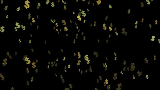 Golden Dollar Symboler faller på den svarta bakgrunden. 4K — Stockvideo