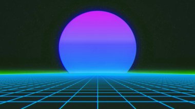 1980 'in gelecekteki retro manzarası. Geleceği gösteren 3d illüstrasyon