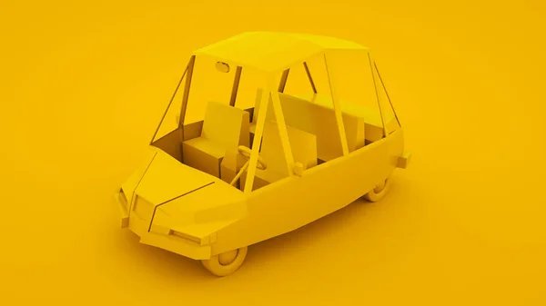 Żółty, izometryczny, niski samochód kreskówkowy z poli. Ilustracja 3D — Zdjęcie stockowe