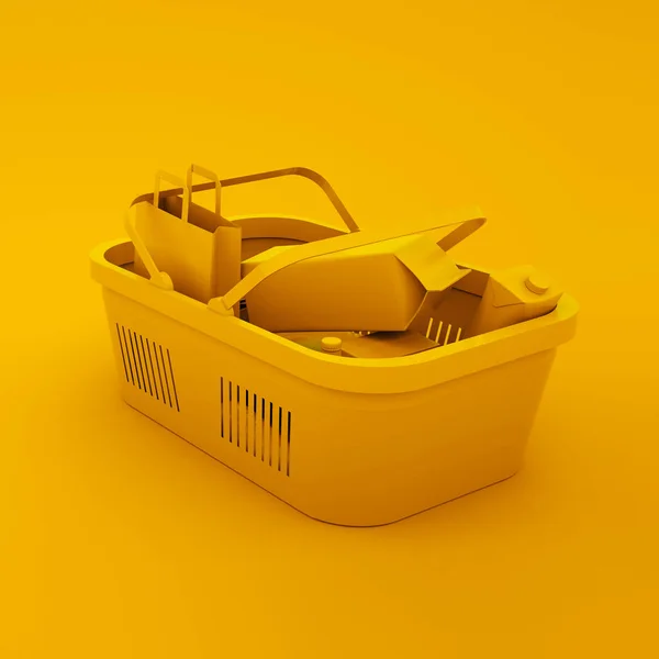 Alışveriş sepeti sarı arka planda izole. Bakkal arka planı. 3d illüstrasyon — Stok fotoğraf