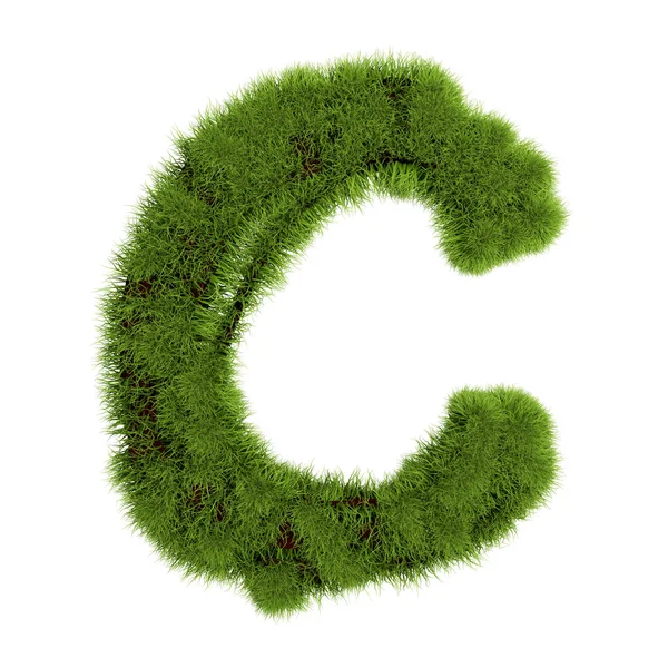 Litera C odizolowana na białym tle. Symbol pokryty zieloną trawą. Eko-list. Ilustracja 3D — Zdjęcie stockowe