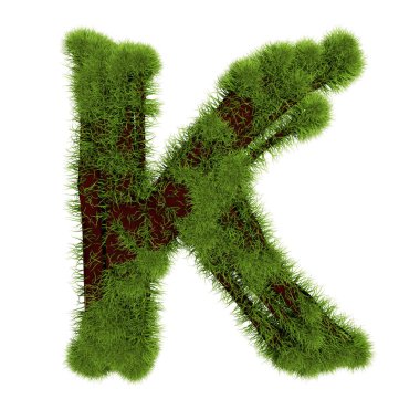 Çimen harfi K beyaz arkaplanda izole edilmiş. Sembol yeşil çimenleri kapladı. Eko harfi. 3d illüstrasyon
