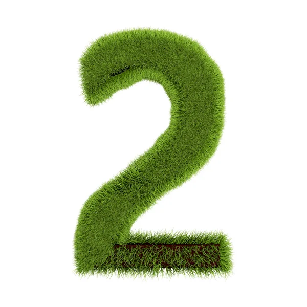 Numer 2, wykonany z trawy odizolowanej na białym tle. Symbol pokryty zieloną trawą. Eko-list. Ilustracja 3D — Zdjęcie stockowe