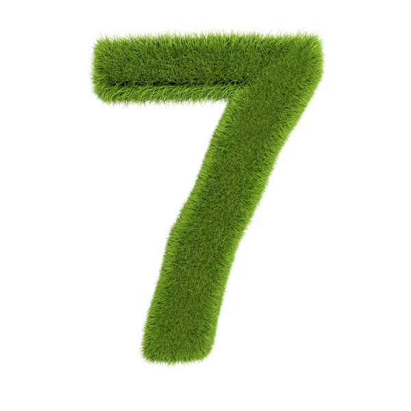 Numer 7, wykonany z trawy odizolowanej na białym tle. Symbol pokryty zieloną trawą. Eko-list. Ilustracja 3D — Zdjęcie stockowe