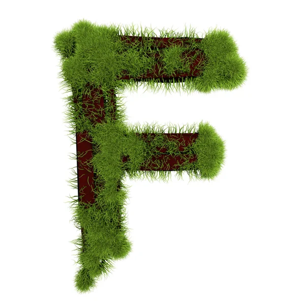 Gräs bokstaven F isolerad på vit bakgrund. Symbol täckt grönt gräs. Ett ekobrev. 3D-illustration — Stockfoto