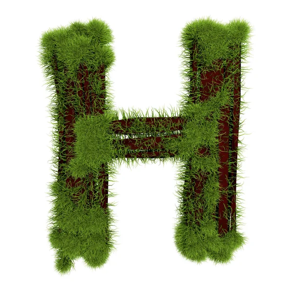 Trawiasta litera H wyizolowana na białym tle. Symbol pokryty zieloną trawą. Eko-list. Ilustracja 3D — Zdjęcie stockowe