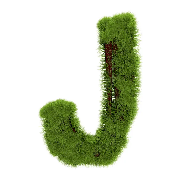 Trawiasta litera J wyizolowana na białym tle. Symbol pokryty zieloną trawą. Eko-list. Ilustracja 3D — Zdjęcie stockowe