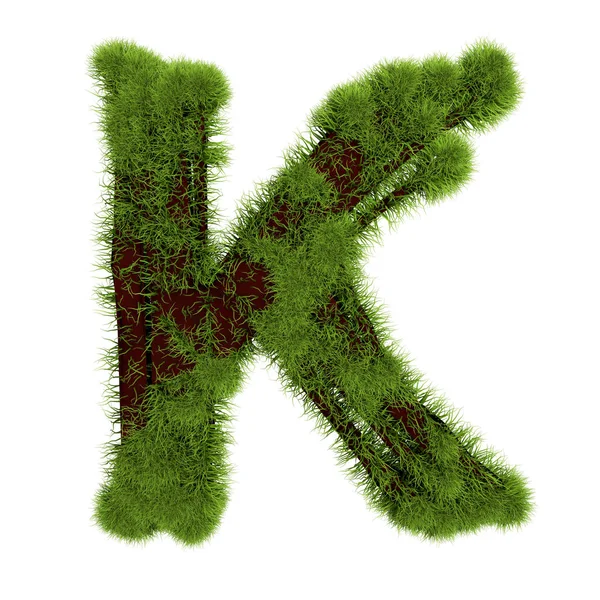 Γρασίδι K απομονωμένο σε λευκό φόντο. Σύμβολο καλύπτονται πράσινο γρασίδι. Οικολογικό γράμμα. 3D εικονογράφηση — Φωτογραφία Αρχείου