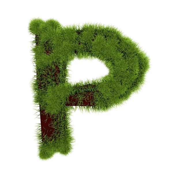 Litera trawy P izolowana na białym tle. Symbol pokryty zieloną trawą. Eko-list. Ilustracja 3D — Zdjęcie stockowe