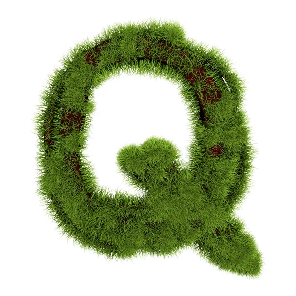 "Q" betű fehér háttérrel. Szimbólummal borított zöld fű. Öko levél. 3d illusztráció — Stock Fotó