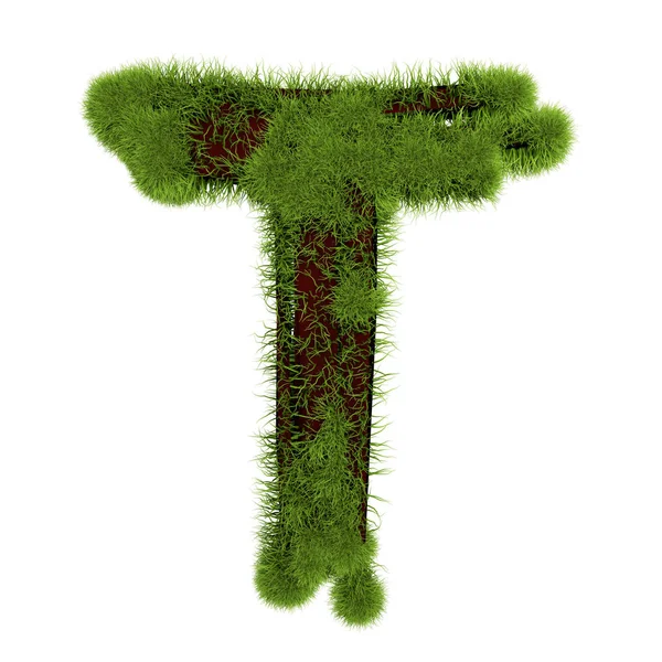 Erba lettera T isolata su sfondo bianco. Simbolo coperto di erba verde. Eco lettera. Illustrazione 3d — Foto Stock