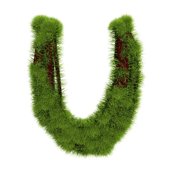 Litera trawy U wyizolowana na białym tle. Symbol pokryty zieloną trawą. Eko-list. Ilustracja 3D — Zdjęcie stockowe